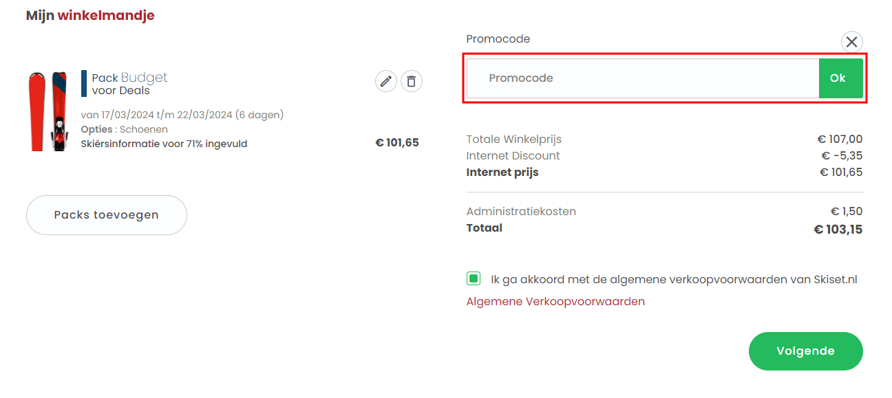 Skiset kortingscode gebruiken