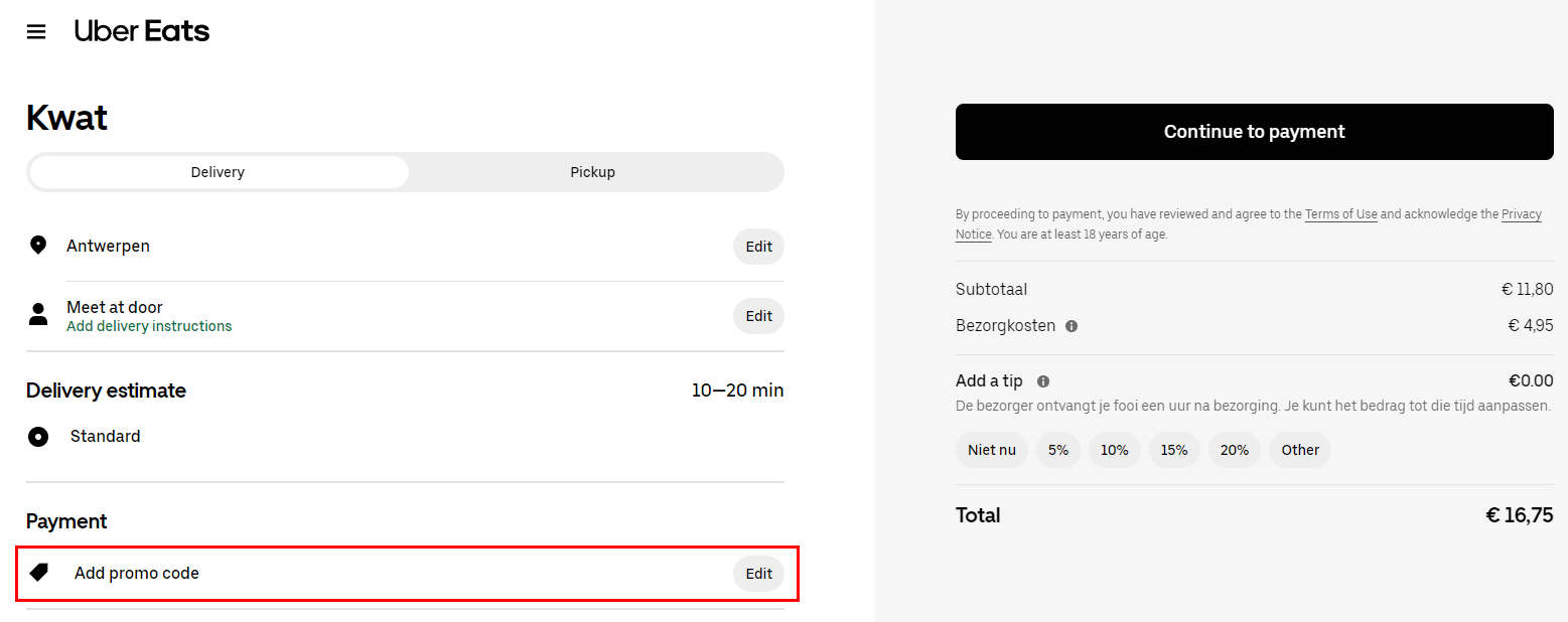 Uber Eats promo code gebruiken